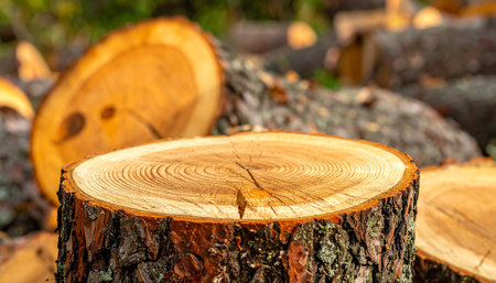A collection of tree stumps and logs are piled in a forest, with a sharp focus on a single stump in the...の素材