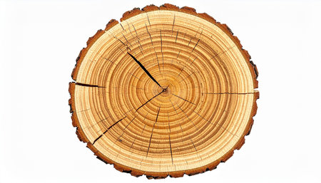 A detailed view of a tree stump cross-section showing distinct concentric growth rings and rough bark.の素材