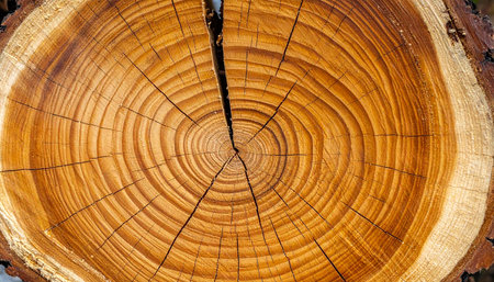 Extreme close-up of a tree stump's cross-section revealing detailed growth rings and a prominent crack.の素材