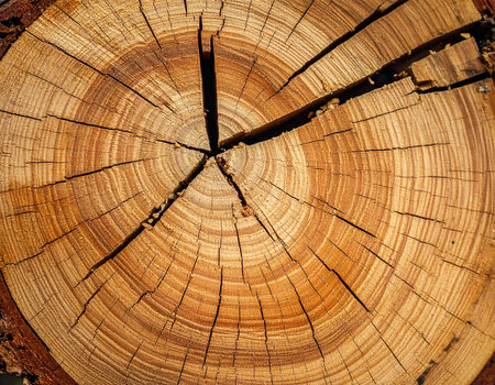 Detailed view of wood grain and cracks in a tree stump cross-section shows natural patterns.の素材