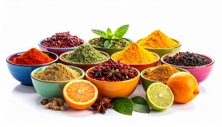 A vibrant collection of colorful spices and citrus fruits arranged in small bowls on a white background.の素材