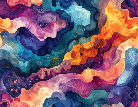 Abstract swirling waves of purple, blue, orange, and pink with scattered gold speckles.の素材