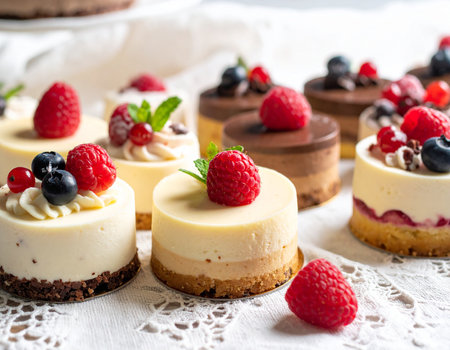 A collection of small cheesecakes and layered desserts adorned with fresh berries.の素材