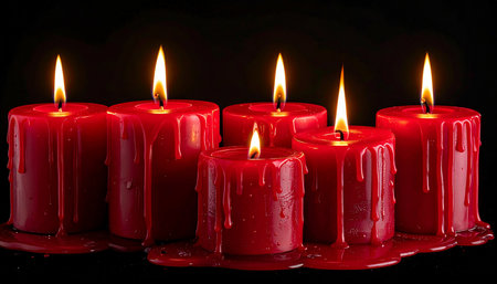A group of six red candles with melting wax and lit flames are arranged against a dark backdrop.の素材