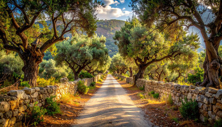 A long dirt road stretches through a Mediterranean olive grove bordered by stone walls, leading towards...の素材