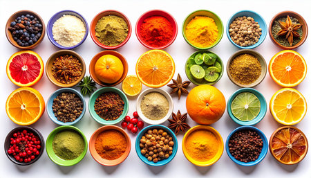 A meticulously arranged grid of colorful spices, citrus slices, and berries in small bowls on a white surface.の素材