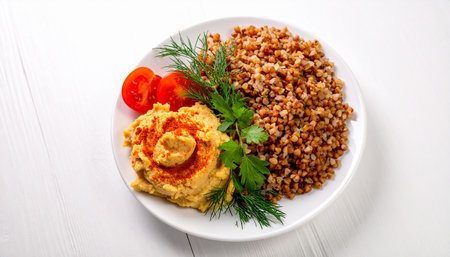 A white plate holds buckwheat, hummus, and tomato slices, garnished with dill. Clear details and vibrant color...の素材