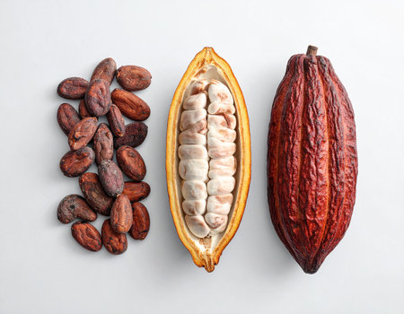 A pile of dried cocoa beans, a split pod with white beans, and a whole red cocoa pod.の素材