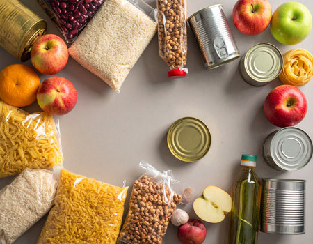 Overhead view of canned goods, pasta, rice, fruits, and olive oil arranged on a light gray surface.の素材
