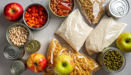 Drink showing assortment of canned goods and fresh apples on a light gray surface keywords: canned food,...の素材