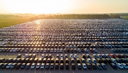 Aerial view of a large car parking lot filled with vehicles at sunset. Clear details and vibrant colors enhan...の素材