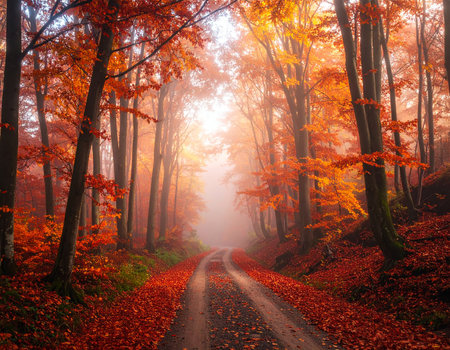 A sunlit autumn forest path is carpeted with vibrant red and orange leaves, creating a magical atmosphere.の素材