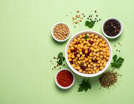 Drink showing bowl of chickpeas and beans with spices and parsley on a green surface keywords: chickpeas,...の素材