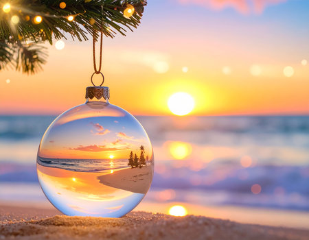 A Christmas ornament reflects a vibrant beach sunset with ocean and palm trees. Clear details and vibrant col...の素材