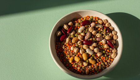A white bowl filled with a variety of mixed dried legumes and lentils sits on a green surface.の素材