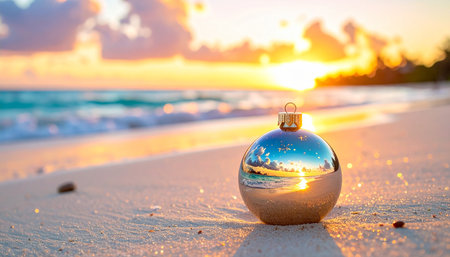 Coast showing blue christmas ornament reflecting golden sunset beach and ocean scene keywords: christmas,...の素材