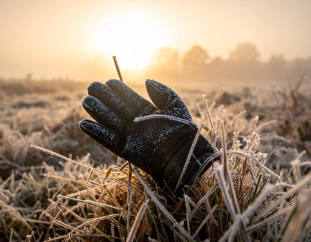 A black glove covered in frost lies in dry grass during a cold sunrise. Clear details and vibrant colors enha...の素材