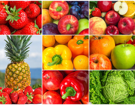 Fruits and vegetables collage. Healthy food background. Top view.の素材