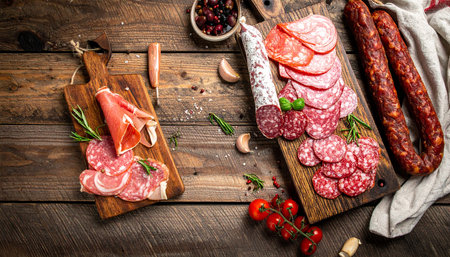 Appetizer showing charcuterie boards with sliced meats, prosciutto, and cured sausages keywords:...の素材