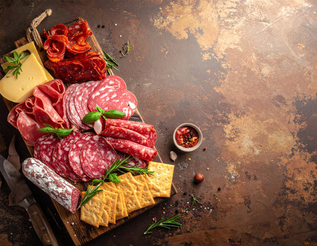 A rustic charcuterie board filled with various sliced meats, cheese, crackers, and garnishes.の素材