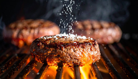 Juicy beef burger patties cooking on a hot grill with flames and smoke rising. Clear details and vibrant colo...の素材