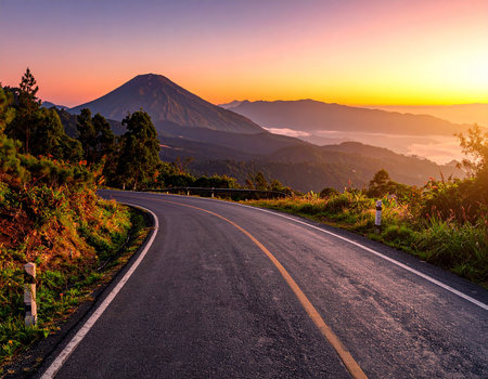 A curved asphalt road leads towards a volcano at dawn with misty valleys and a soft sky.の素材