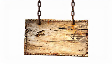 A heavily weathered and damaged wooden sign with rusty metal reinforcements hangs from chains.の素材