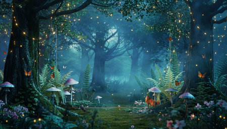 Enchanted forest scene with glowing fairy lights, mushrooms, butterflies, and a fox.の素材