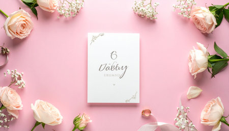 A flat lay composition of pink roses and baby's breath framing a white card with elegant script.の素材