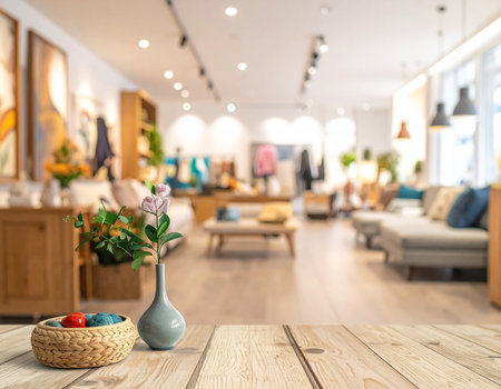 A vase of flowers and a woven basket sit on a wooden table in front of a blurred furniture store.の素材