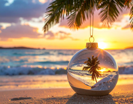 A glass Christmas bauble reflects a tropical beach sunset with a lone palm tree. Clear details and vibrant co...の素材