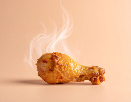 A hot seasoned chicken drumstick with wisps of steam rising against a soft peach background.の素材