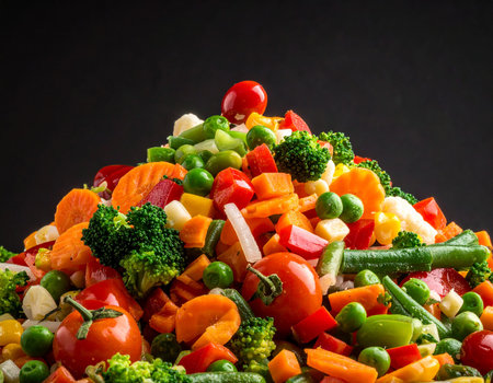 A large, colorful pile of mixed chopped frozen vegetables presented against a dark, contrasting background.の素材