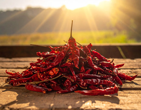 Raw showing pile of dried red chili peppers in sunlight on wooden surface keywords: chili, peppers, dried,...の素材