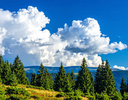 Lush green pine trees on a hillside under a blue sky with dramatic white clouds and distant mountains.の素材