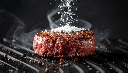 Seared beef steak seasoned with salt and peppercorns cooking on a grill. Clear details and vibrant colors enh...の素材