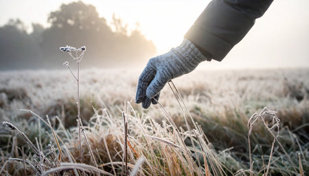 A gloved hand reaches out to touch frosty plant stems in a cold field at dawn. Clear details and vibrant colo...の素材