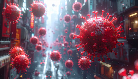 Red coronavirus particles are scattered throughout a futuristic, abstract cityscape environment.の素材