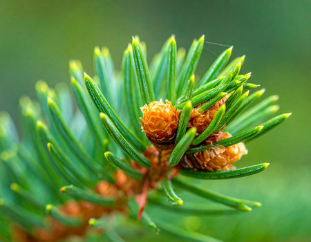 Macro view of a young pine branch with small cones and bright green needles Clear details and vibrant colors ...の素材