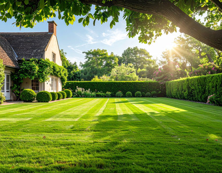 Greenery showing idyllic backyard with manicured lawn, charming house and sunlit greenery keywords: lawn,...の素材
