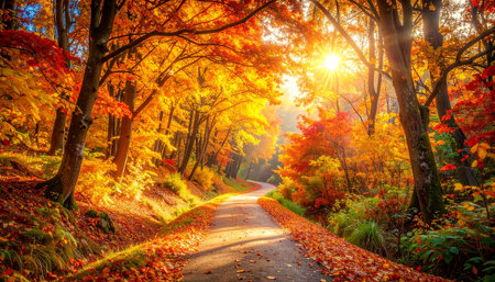 Sun-drenched autumn forest path with golden light filtering through colorful trees.の素材