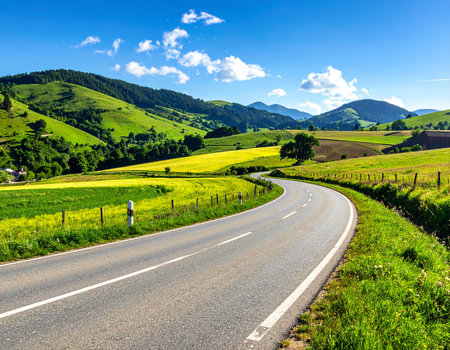 A scenic winding road passes through green hills and yellow fields. Clear details and vibrant colors enhance ...の素材