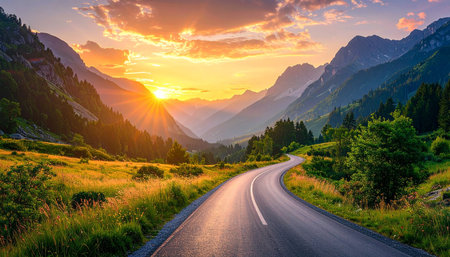 A scenic mountain valley road under a sunset sky with golden sun rays breaking through clouds.の素材