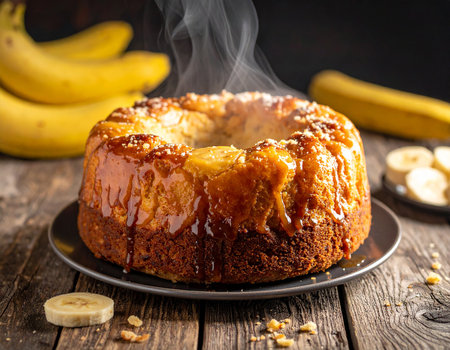 A steaming banana bundt cake with caramel drizzle sits on a dark plate with banana slices.の素材