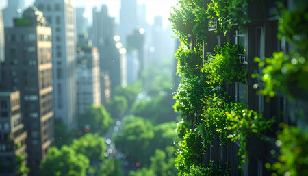 Buildings in a sunlit urban canyon are covered with lush green plants and trees. Clear details and vibrant co...の素材