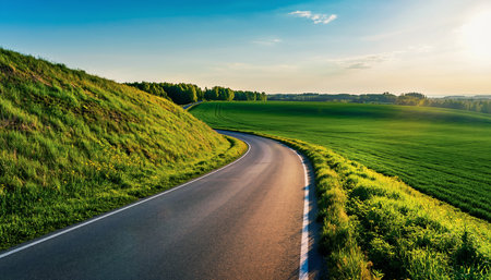 A winding asphalt road curves through vibrant green rolling hills and fields under a sunset sky.の素材