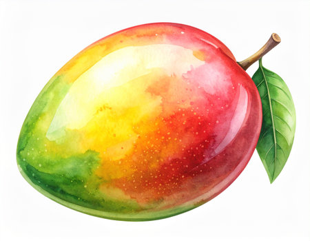 A watercolor mango with a green leaf, displaying red, yellow, and green hues on white.の素材