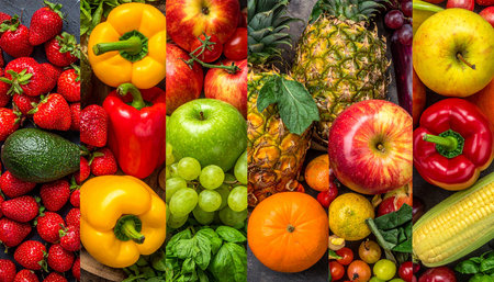A vertical collage showcasing a diverse and colorful array of fresh fruits and vegetables.の素材