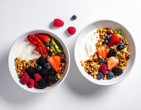 Two bowls of granola and yogurt topped with a colorful assortment of fresh berries and fruit.の素材