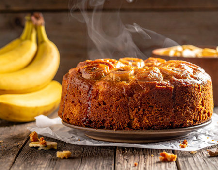A warm banana cake topped with caramelized banana slices, with steam rising. Clear details and vibrant colors...の素材